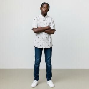 Free Planet Reindeer Print Button Up Shirt Boys XL Short Sleeve